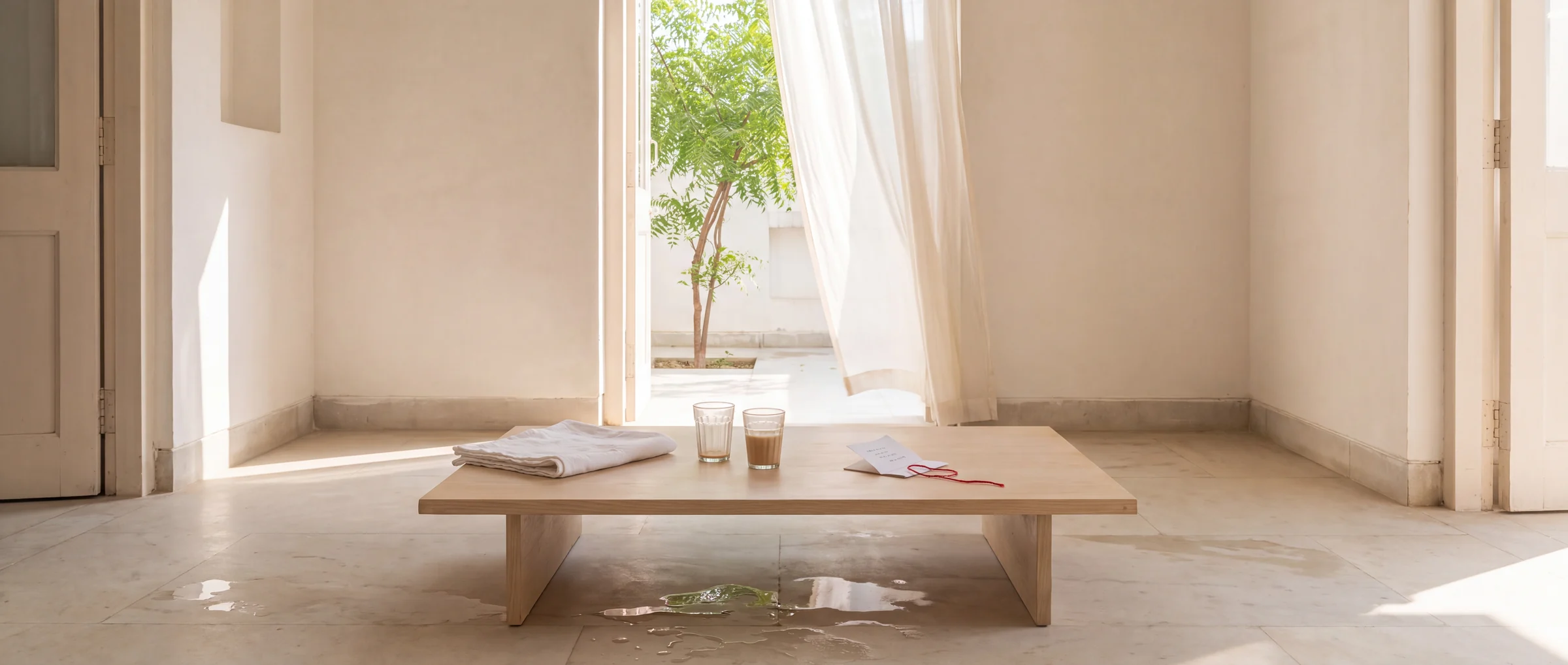 A limewashed room in morning sun after guests have left: two chai glasses and a note tied with red thread on a low table, a neem tree beyond the open door, the floor still drying