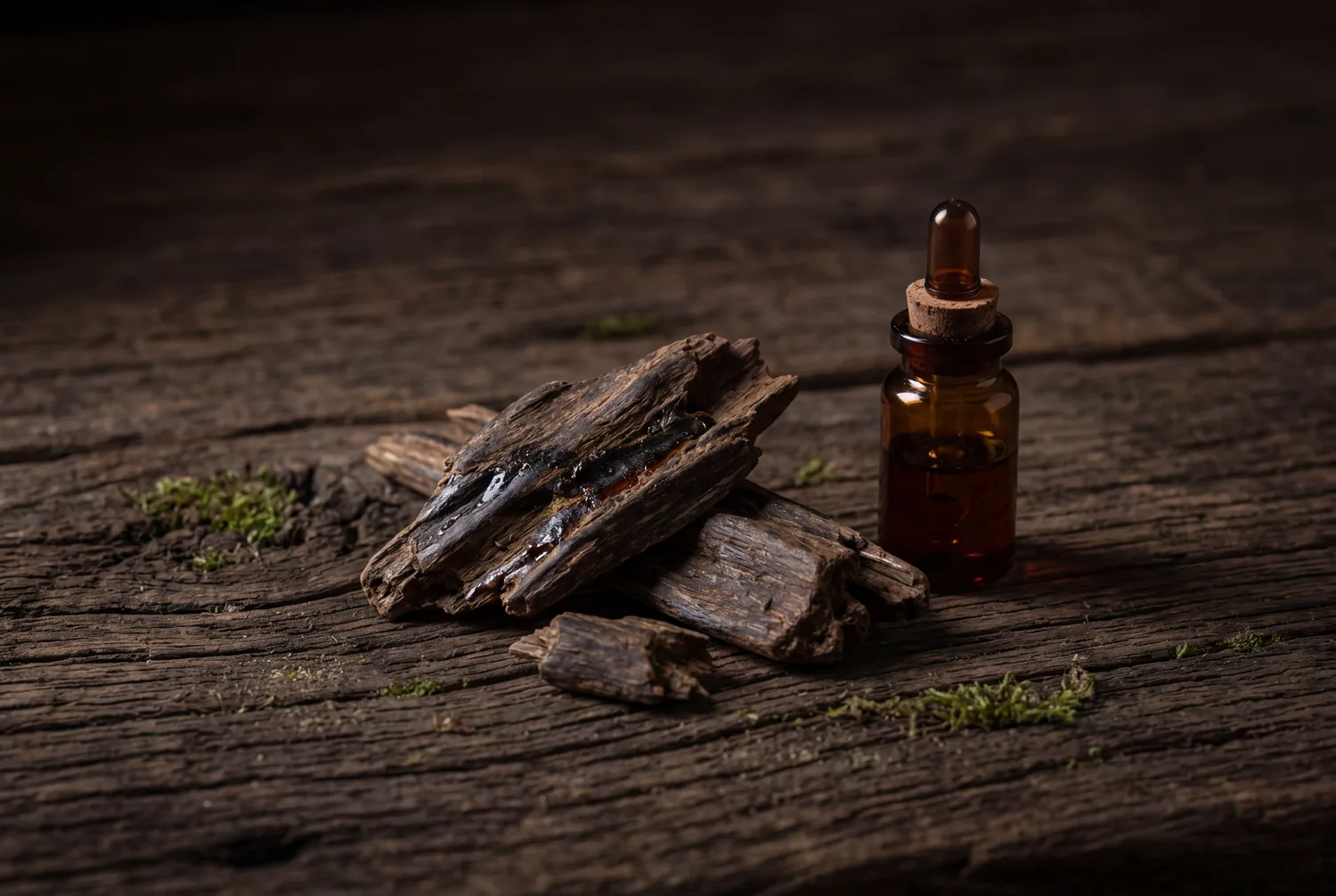 Dark resinous agarwood chips beside a small vial of deep-amber oud oil