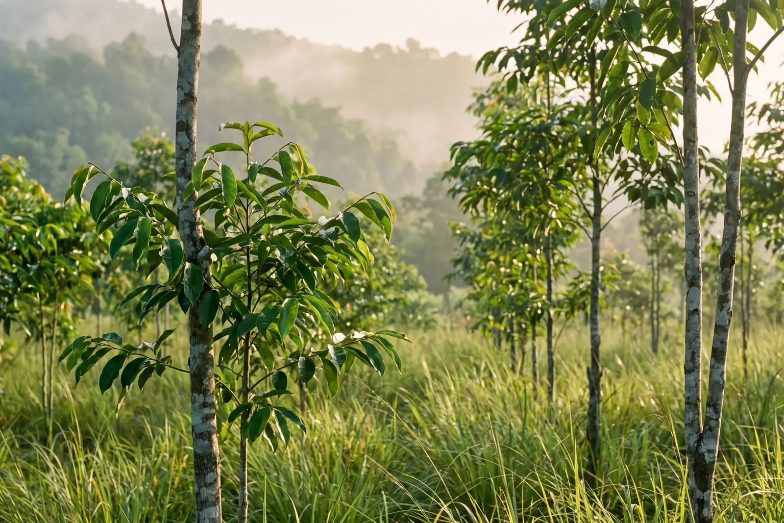 Young Aquilaria trees in morning mist, tall grass below and a green hillside beyond