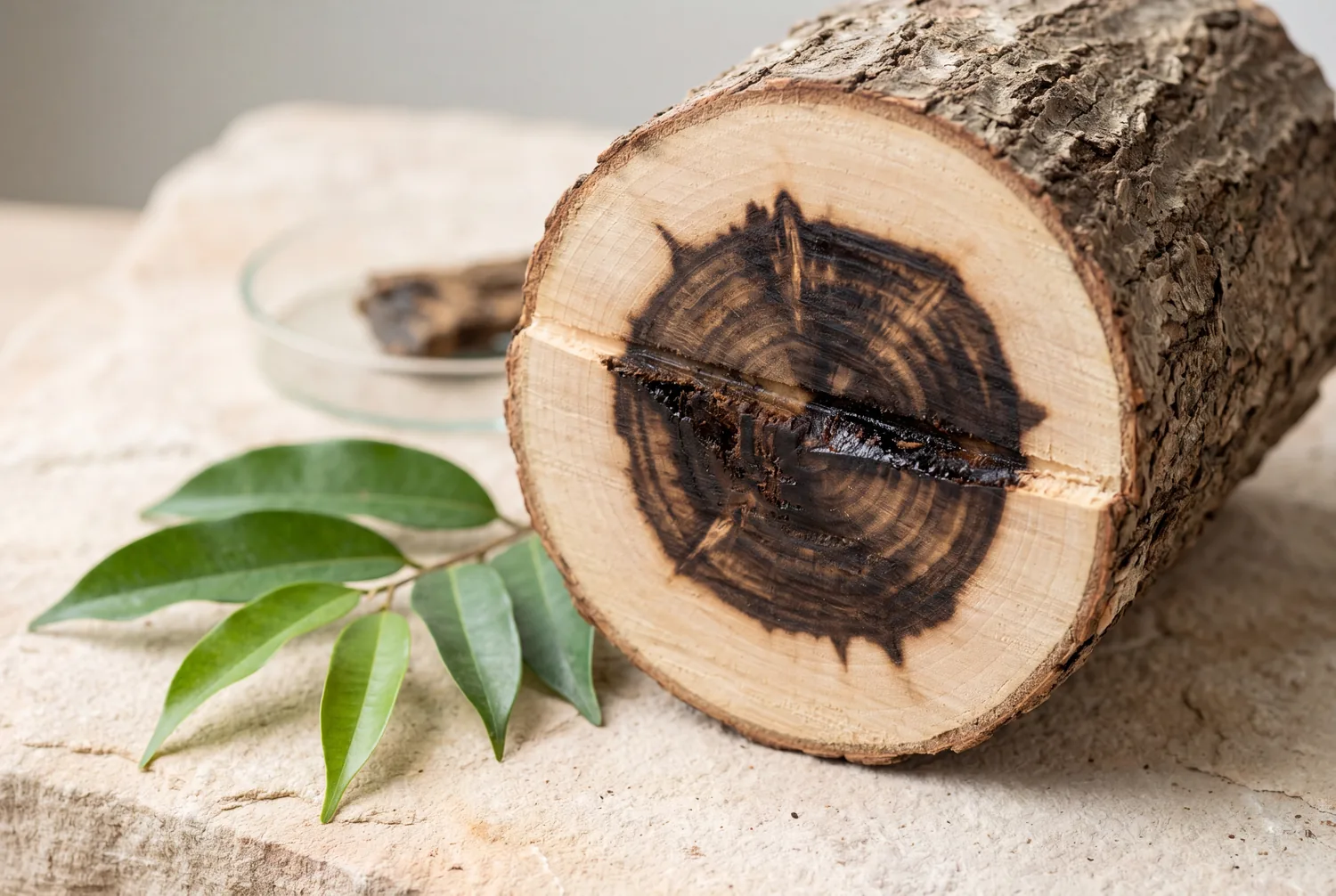 A cross-section of an agarwood log showing the dark resin that forms only where the tree is wounded