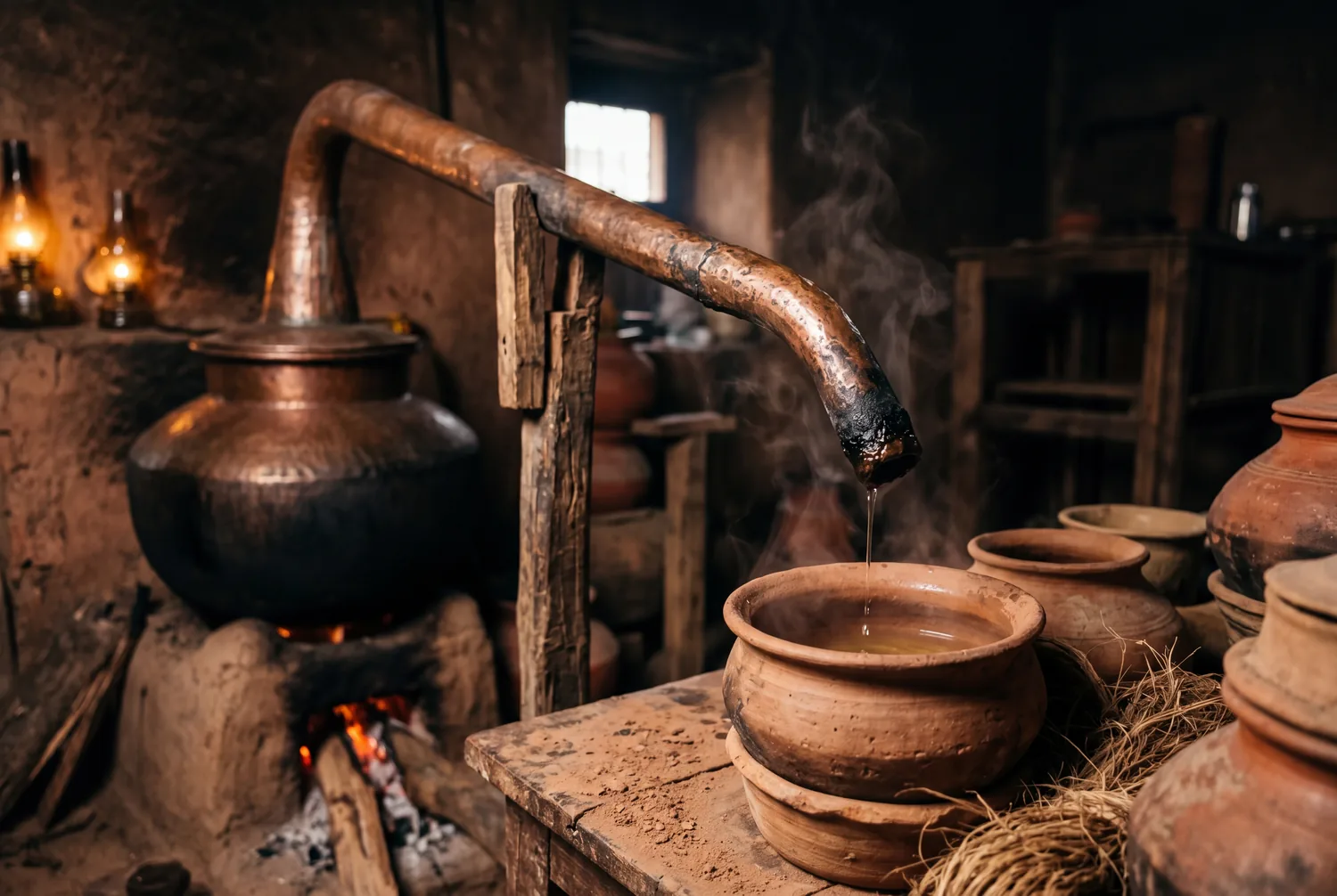A copper still's swan-neck pipe dripping fresh attar into a clay receiver over a wood fire