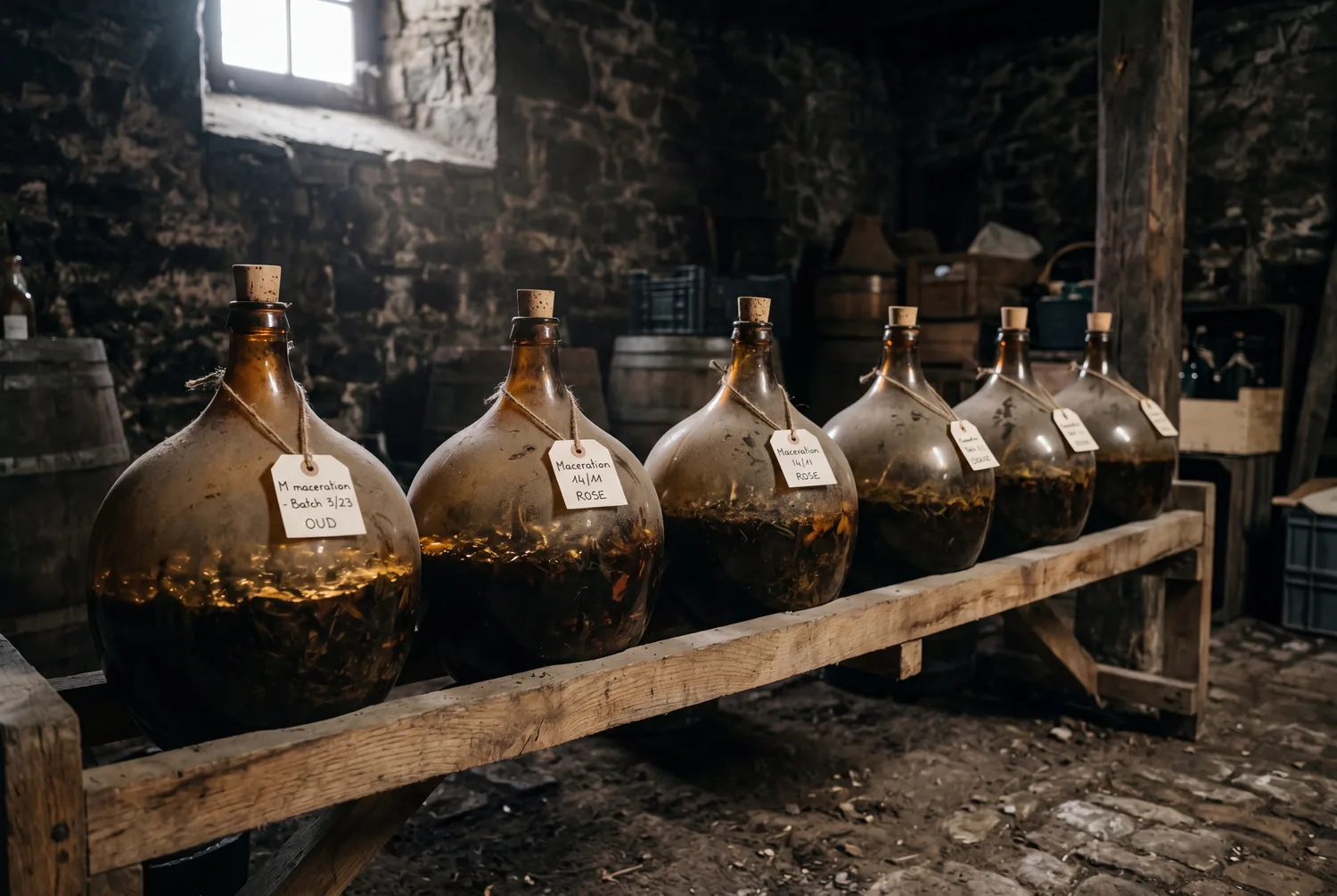 A row of amber-glass demijohns of macerating perfume aging on a wooden rack in a dim cellar