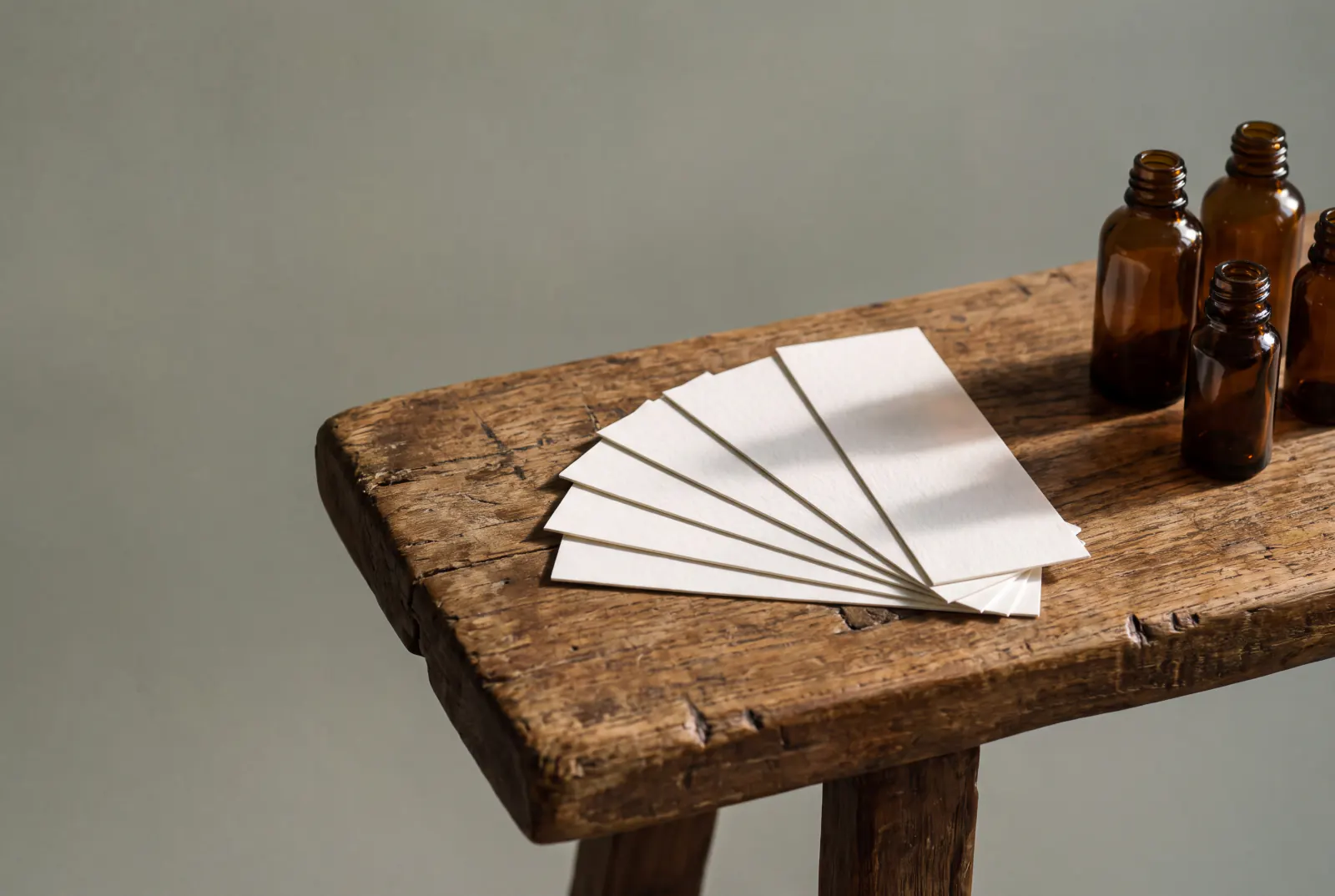 Blotters and working bottles on a bench