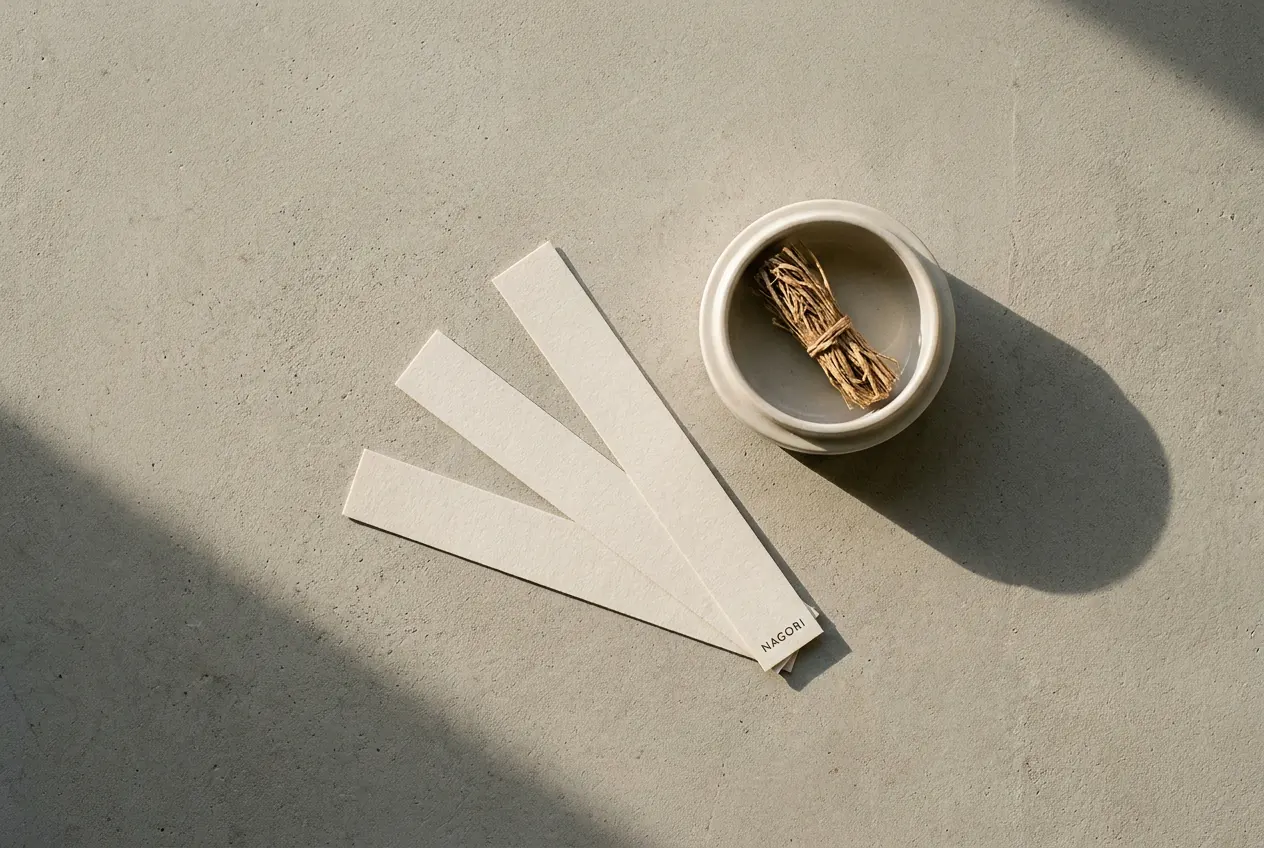 Scent blotters beside a dish of vetiver root
