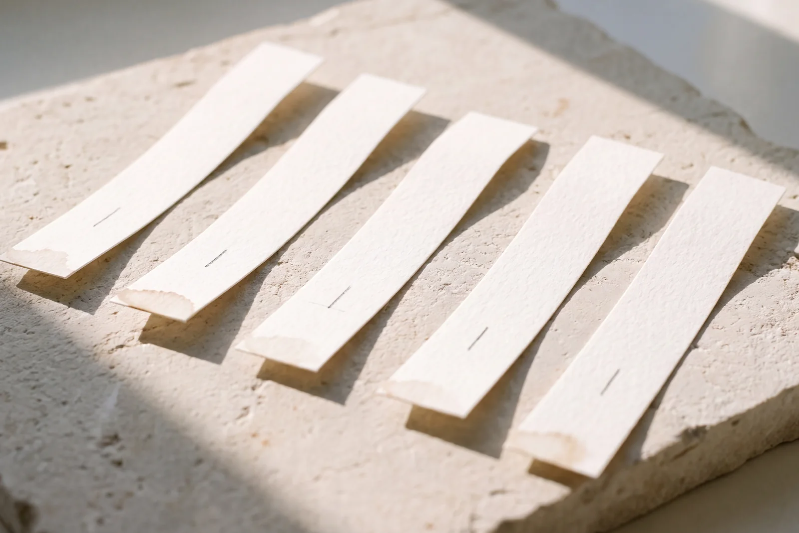 Five paper strips on a sunlit stone slab, each dipped at one end and marked with a pencil tick at a different hour