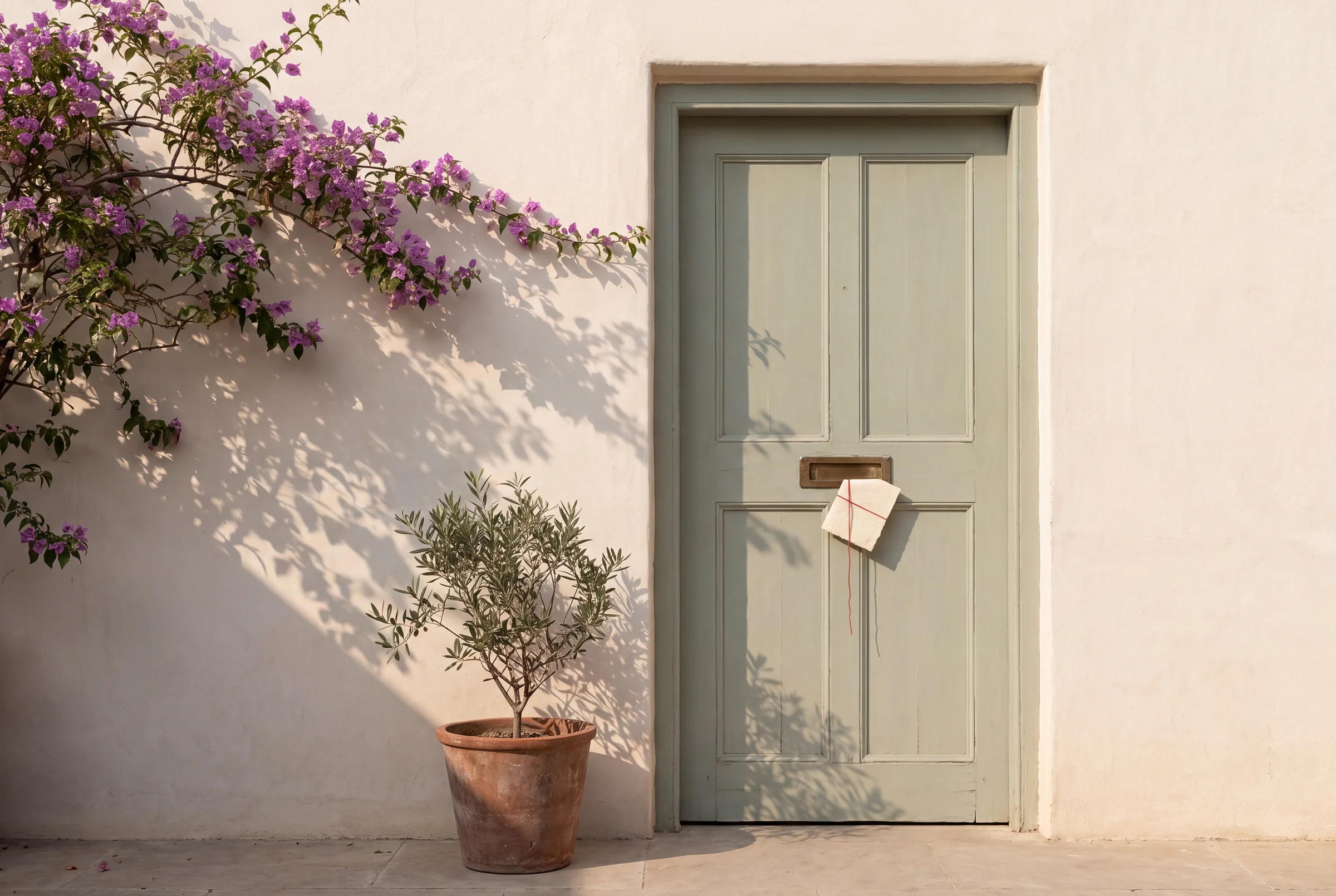 A sage-green door in a limewashed courtyard wall, a folded note tied with red thread in its brass letter slot, bougainvillea and an olive tree in a terracotta pot