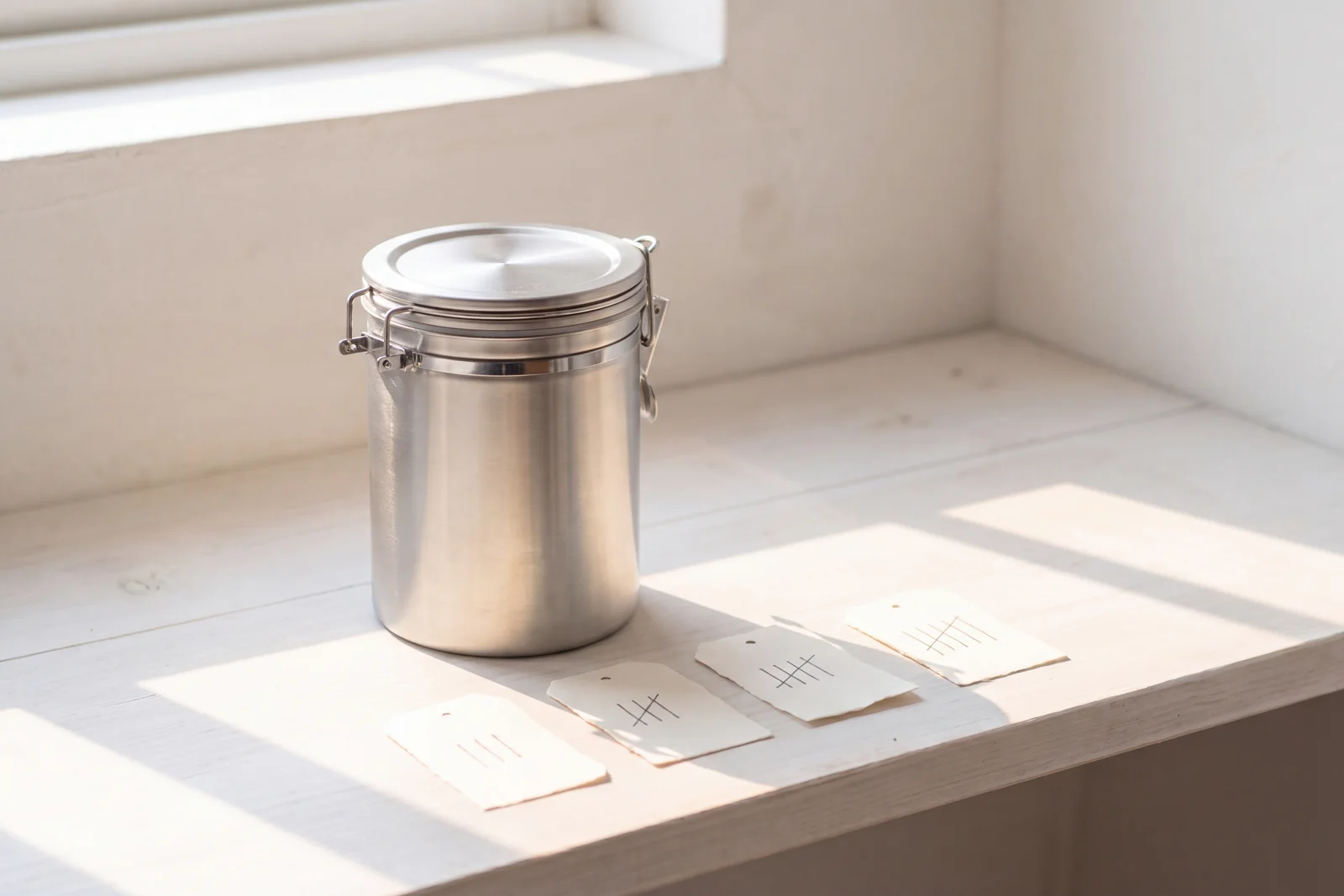 A sealed steel canister on a sunlit shelf, beside paper tags marked with tallies of days