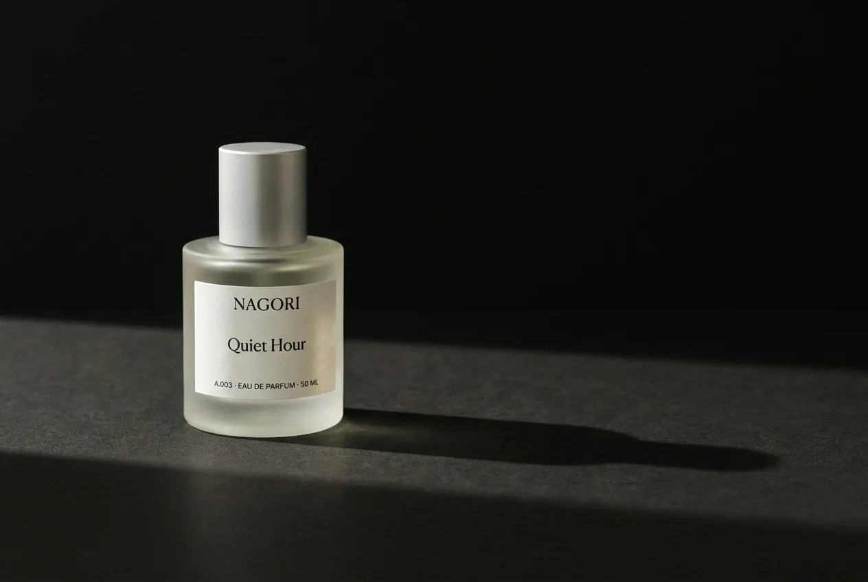 A bottle on a dark ground, one long shadow
