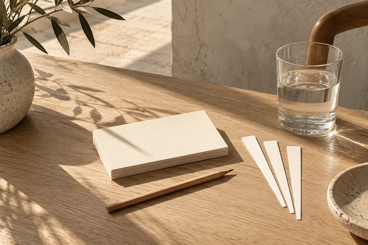 A stack of blank cream index cards, a pencil, three paper scent strips and a glass of water on a pale oak table in morning sun
