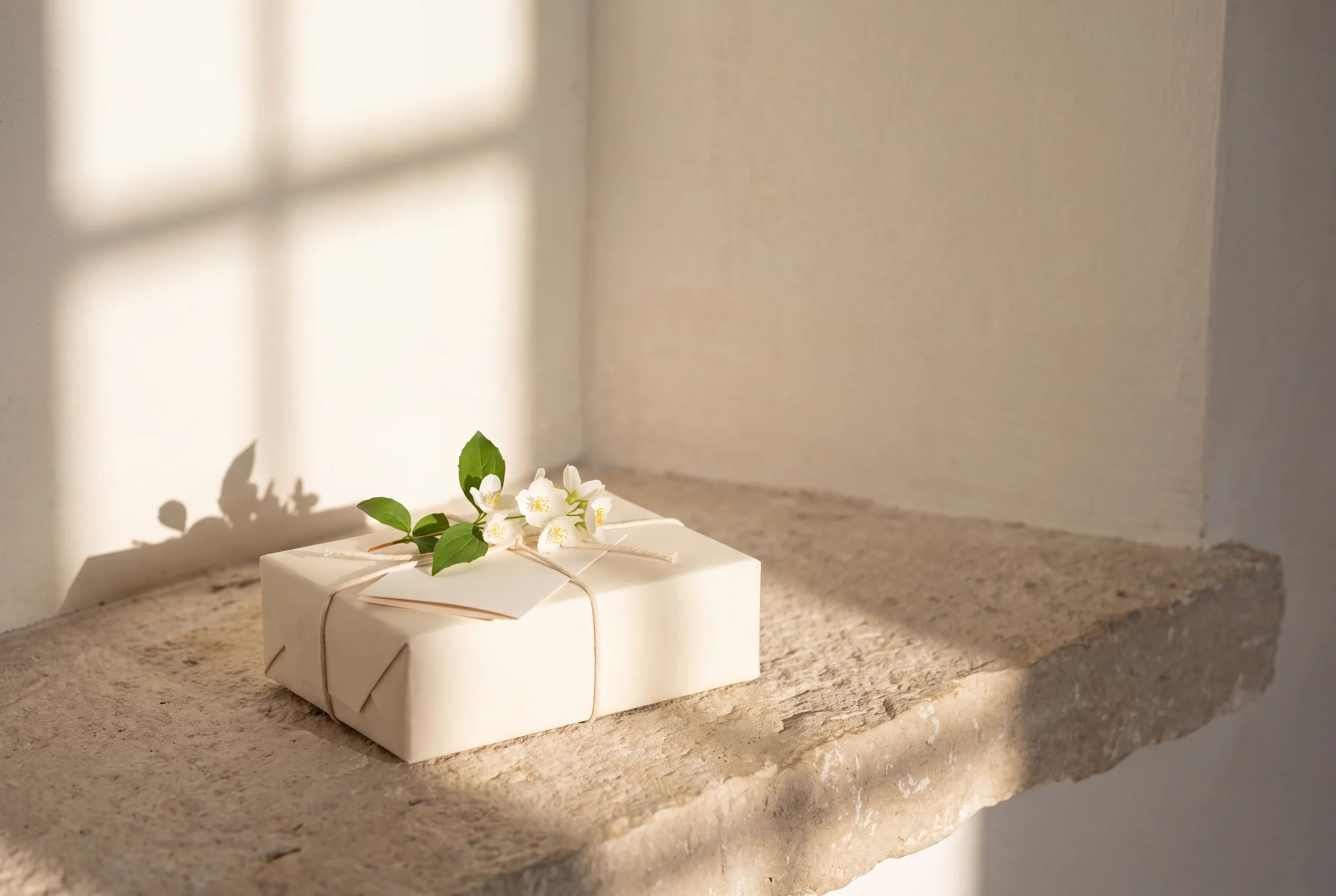 A box wrapped by hand in cream paper and tied with cotton string, a card and a sprig of jasmine under the string, on a limestone ledge in morning sun