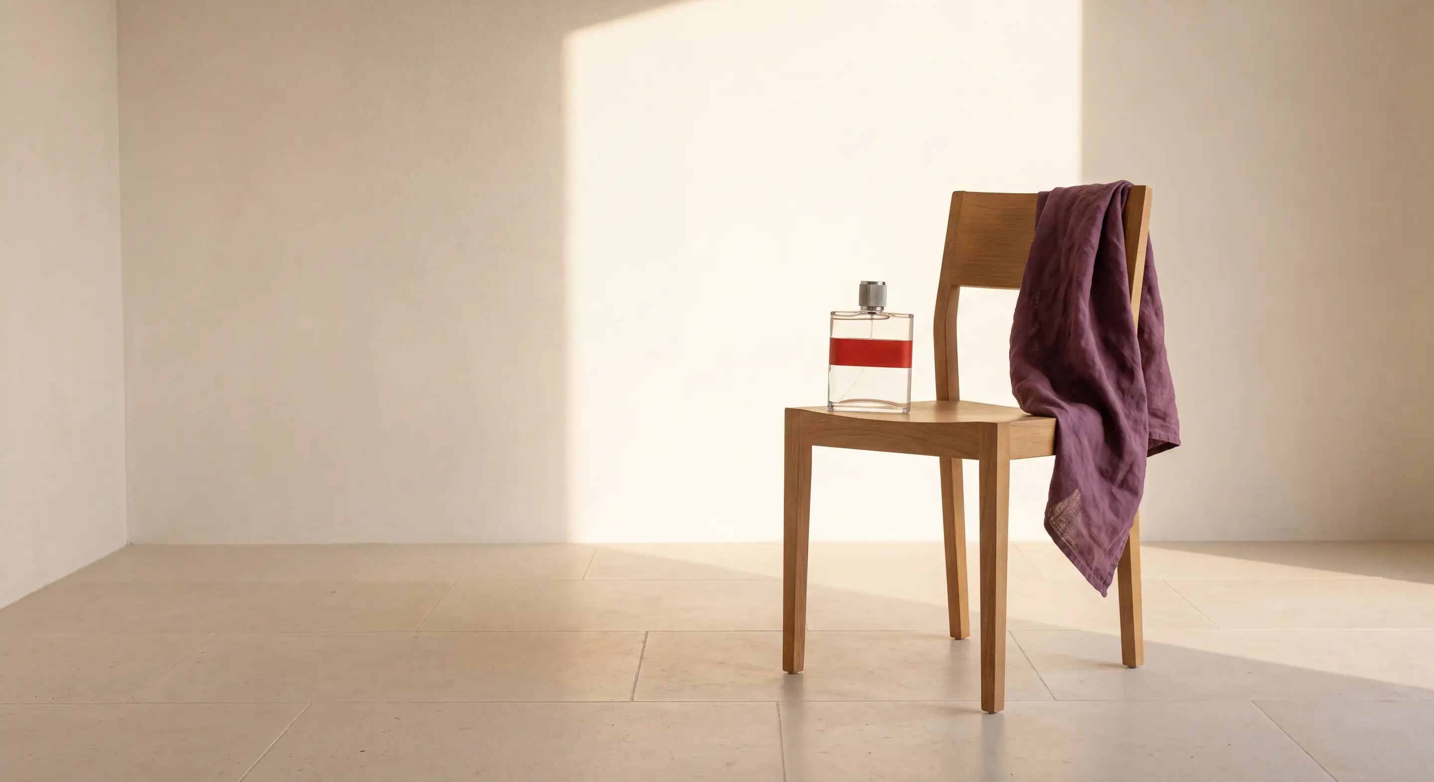 The flask on the seat of an oak chair with a plum linen cloth over its back, in the last of the afternoon light