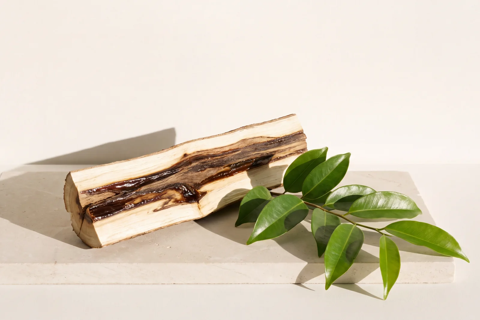 A split length of agarwood, pale wood veined with dark resin, and a sprig of green leaves on a stone slab