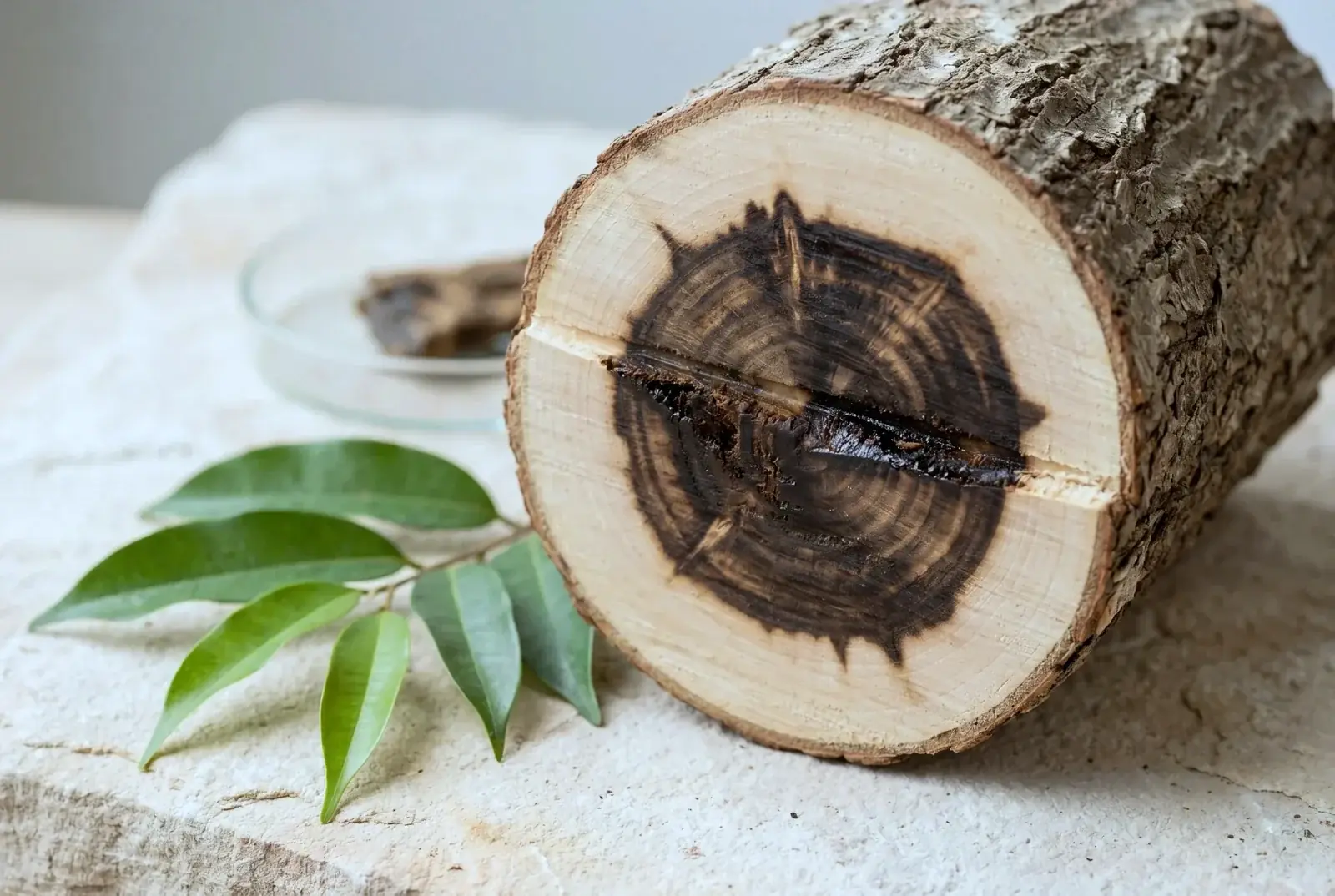 A cross-section of sandalwood log with leaves beside it