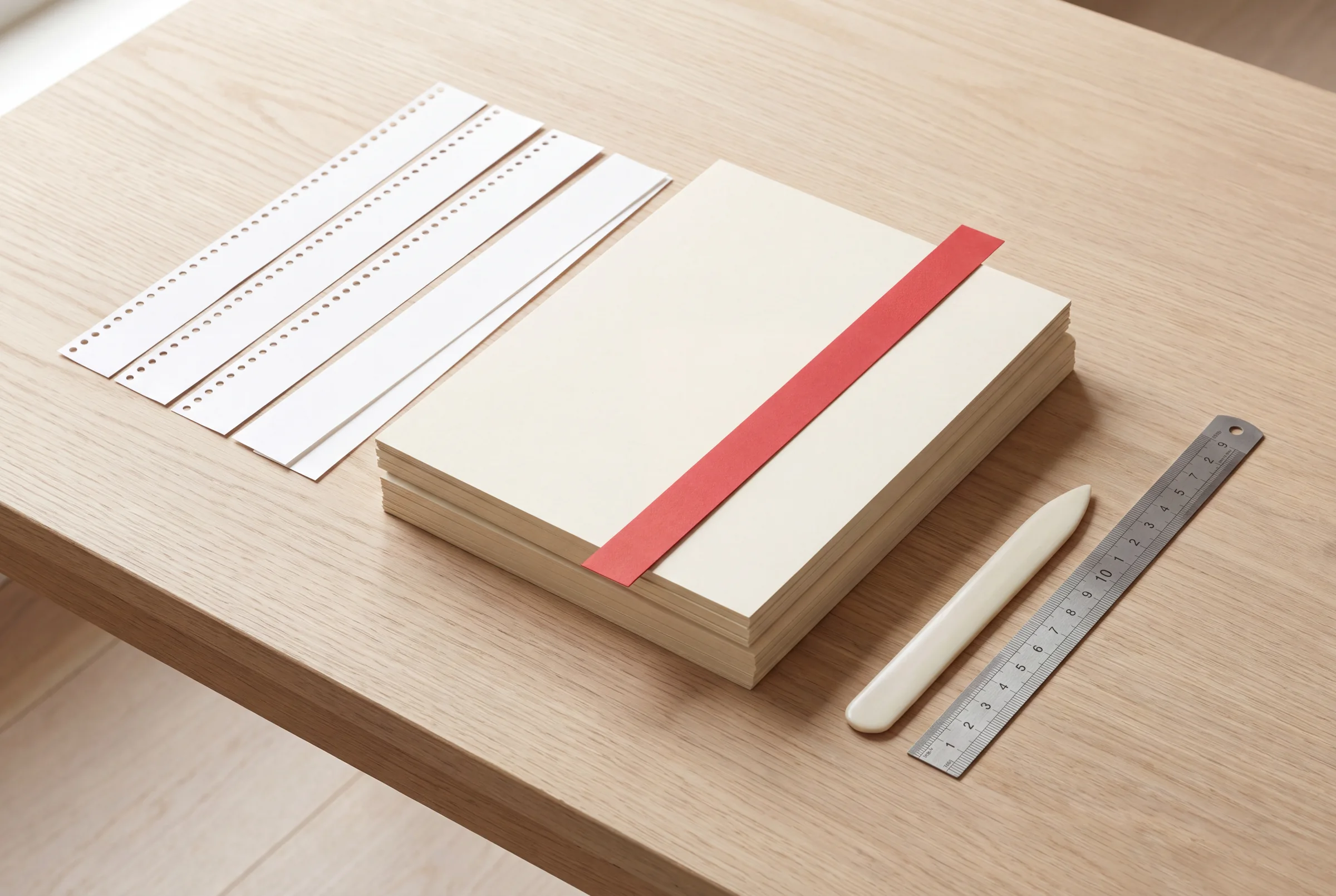 Stacks of uncoated cream card with a red paper band, perforated paper strips, a bone folder and a steel ruler on a pale oak table