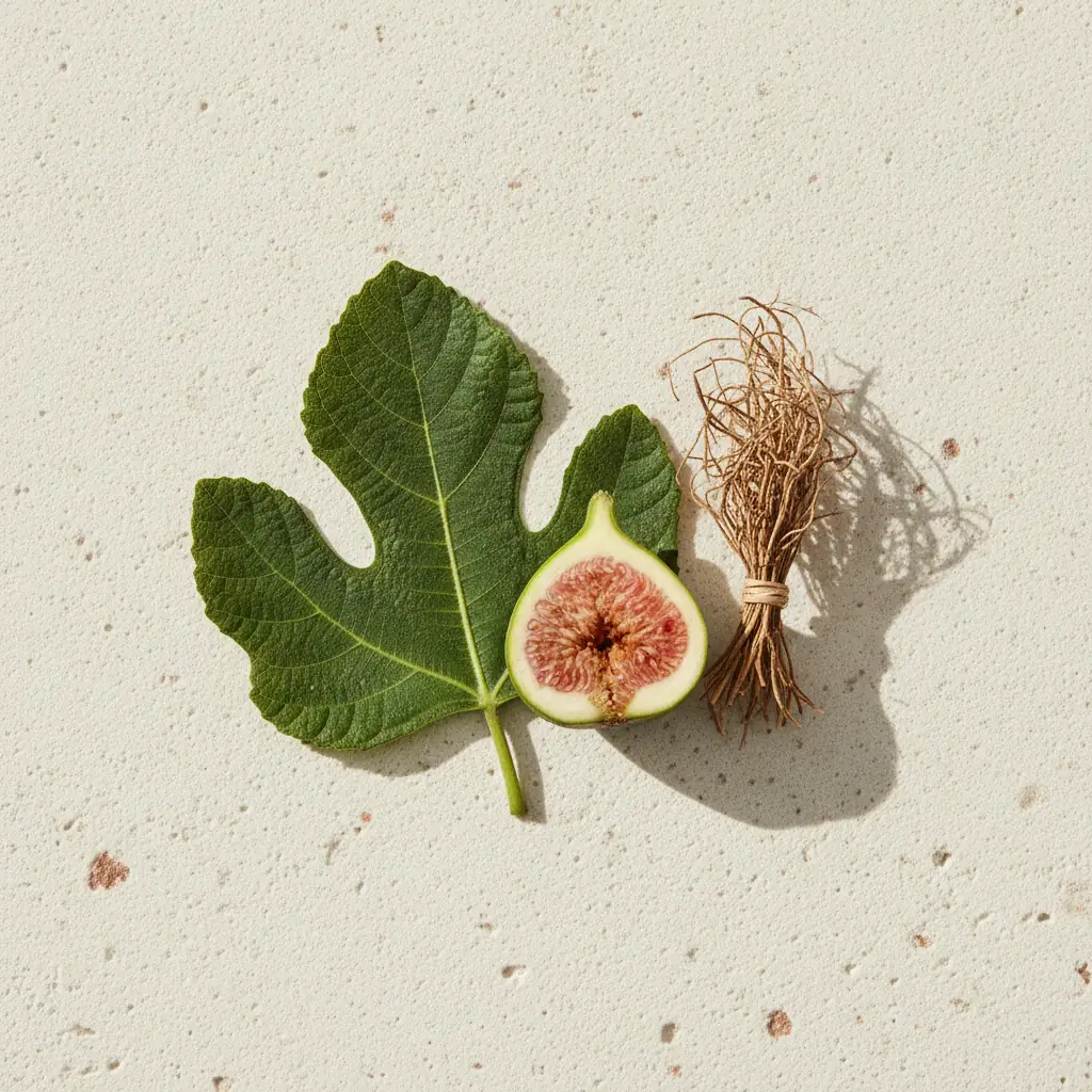 A fig leaf, a halved fig and a bundle of cut vetiver roots on cream stone