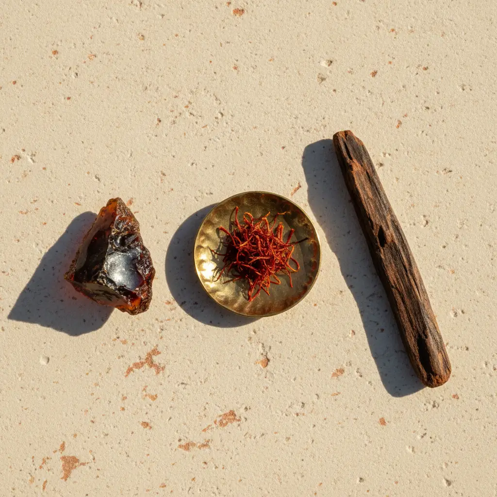 A piece of amber resin, saffron threads in a brass dish and a splinter of agarwood