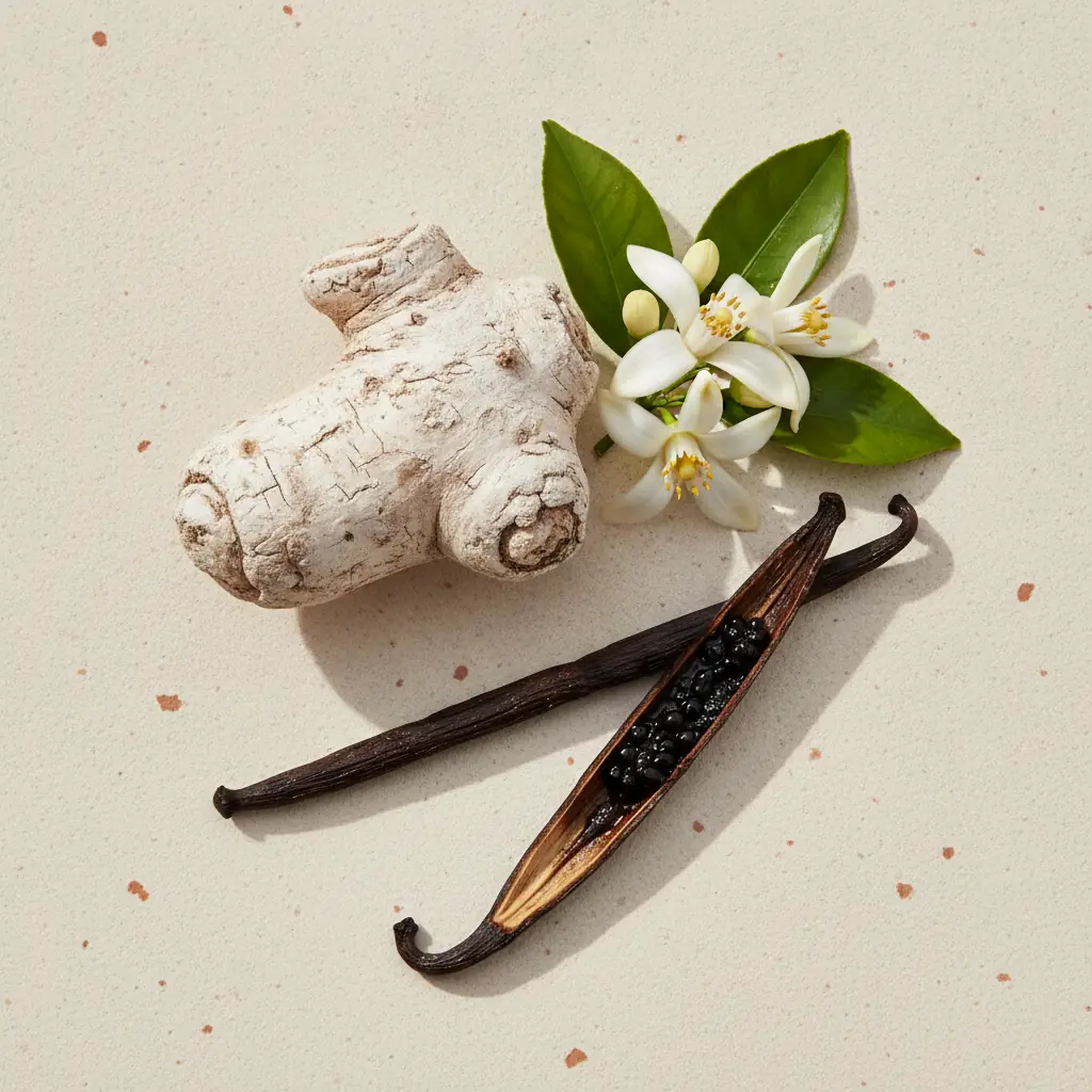 An orris root, white orange blossom and two vanilla pods, one of them split open