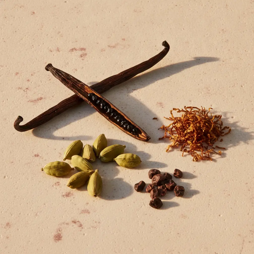 Two vanilla pods, green cardamom, a pinch of cut tobacco and cacao nibs on cream stone