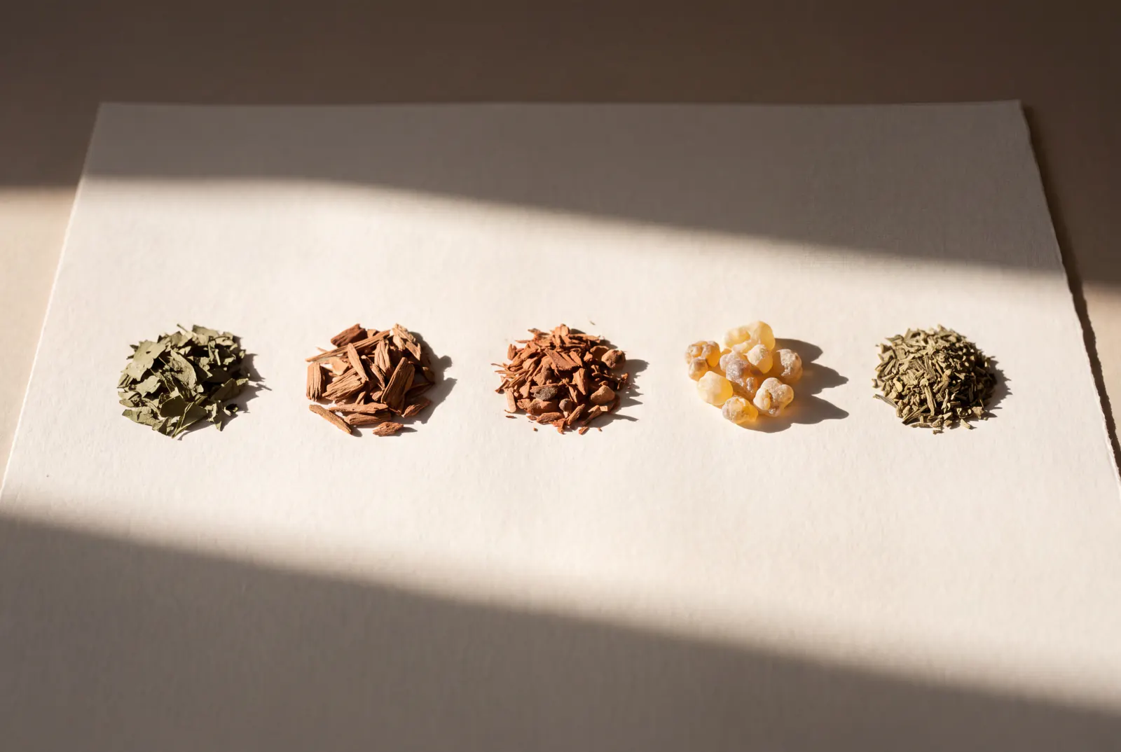 Five raw materials set out in a line on paper