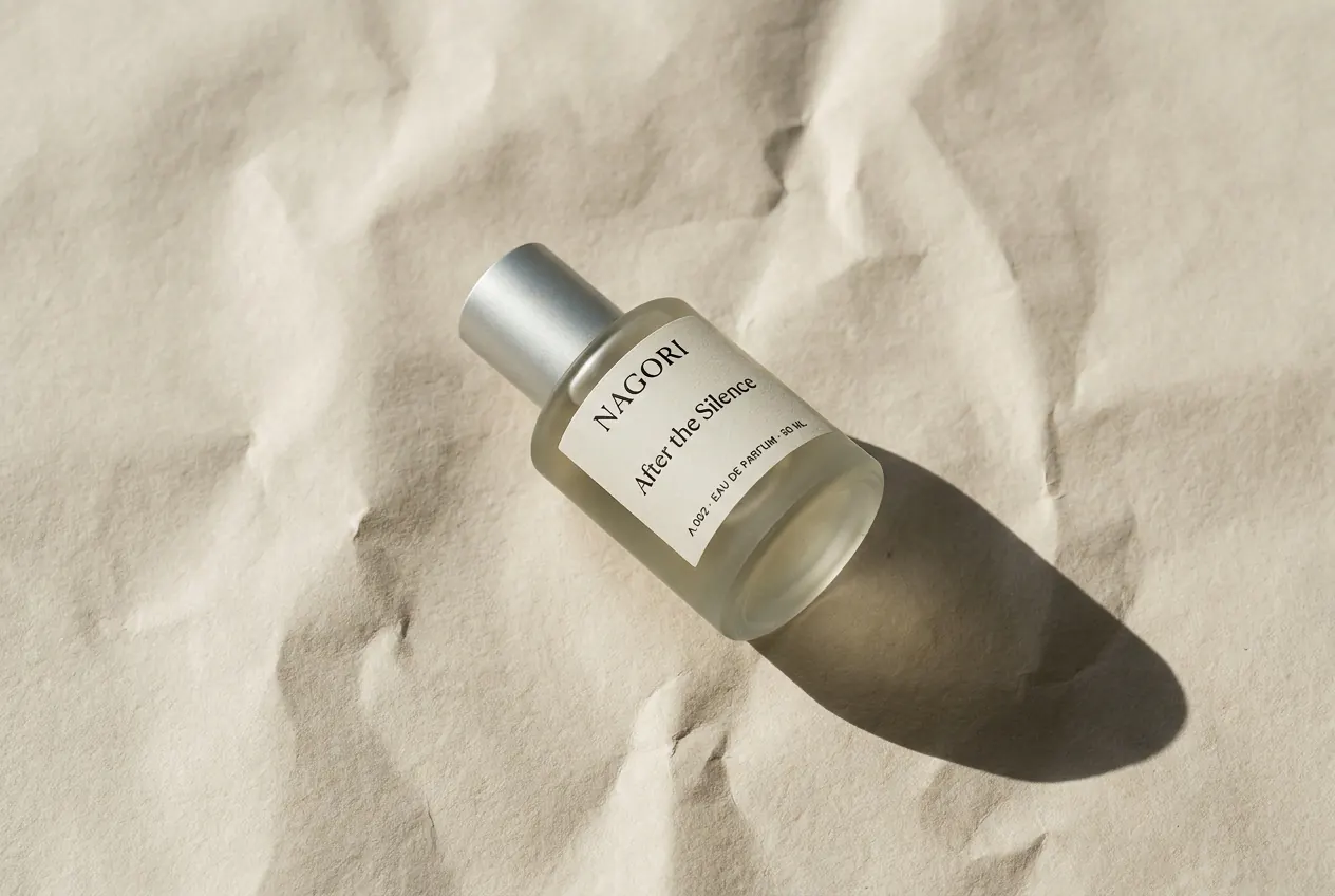 A bottle laid on creased paper in low sun