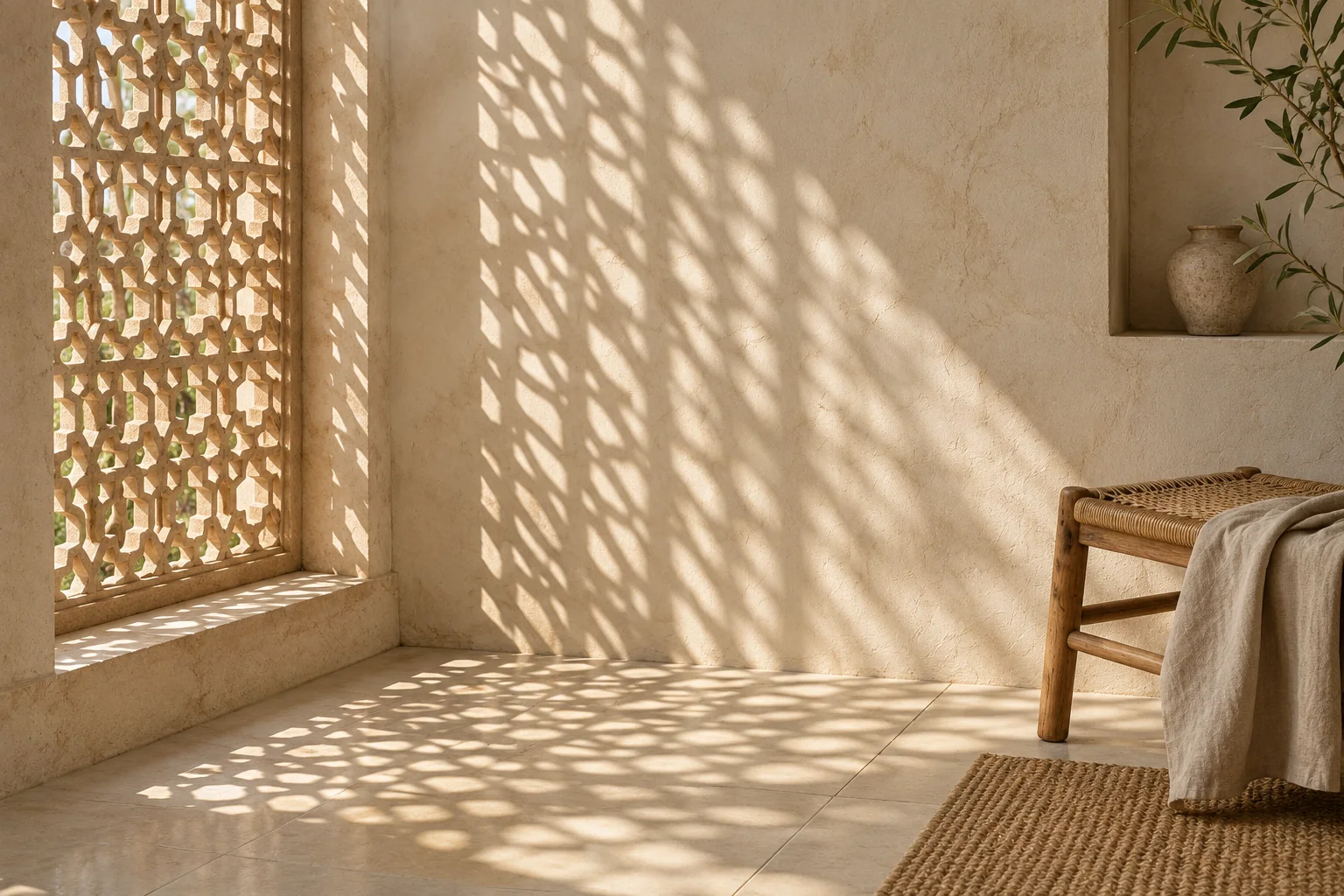 Morning sun through a carved sandstone jaali screen, a lattice of light across a limewashed wall and floor, a cane stool in the corner