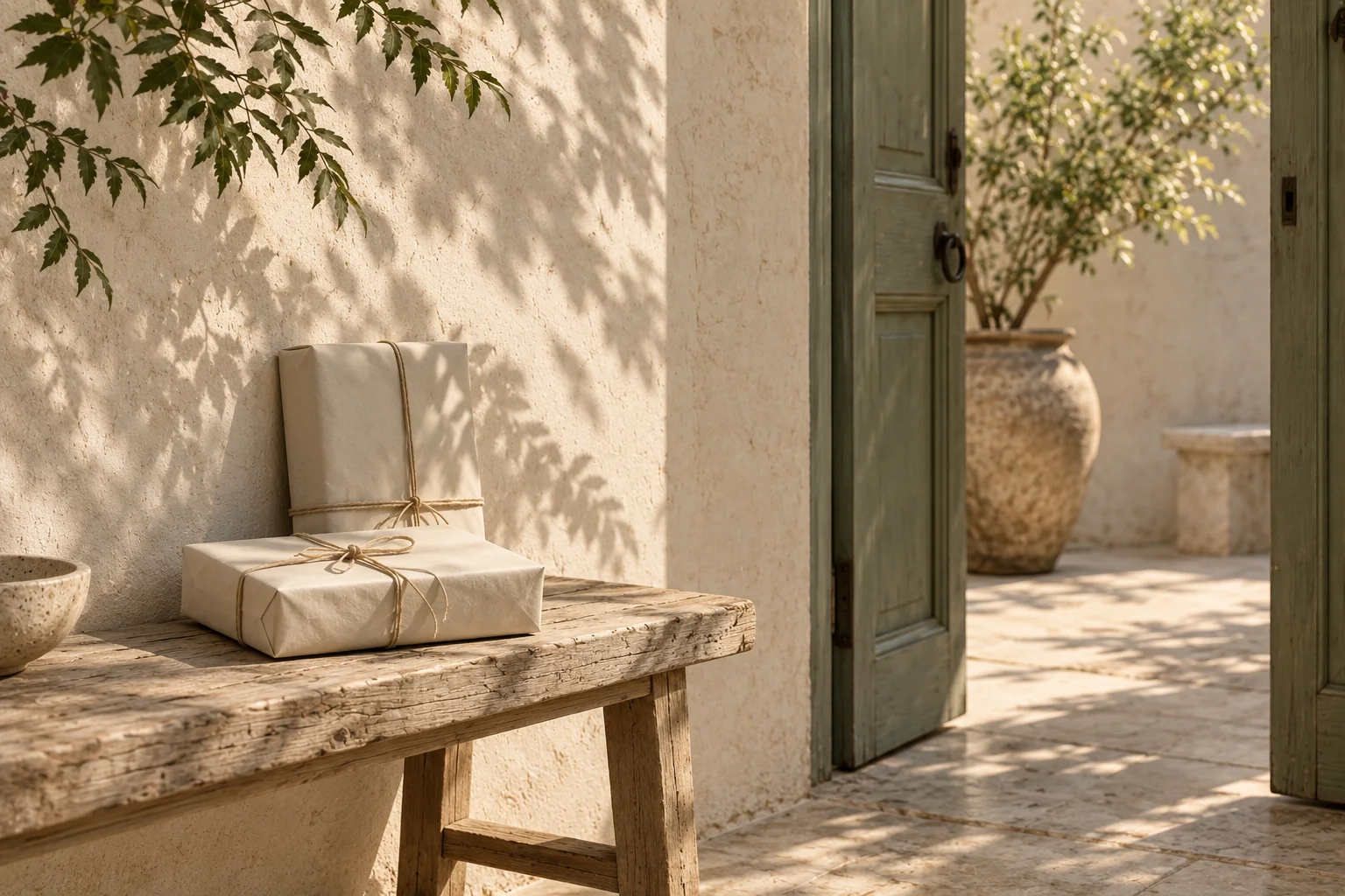 Two parcels wrapped in cream paper and tied with cotton string on a wooden bench beside an open courtyard door