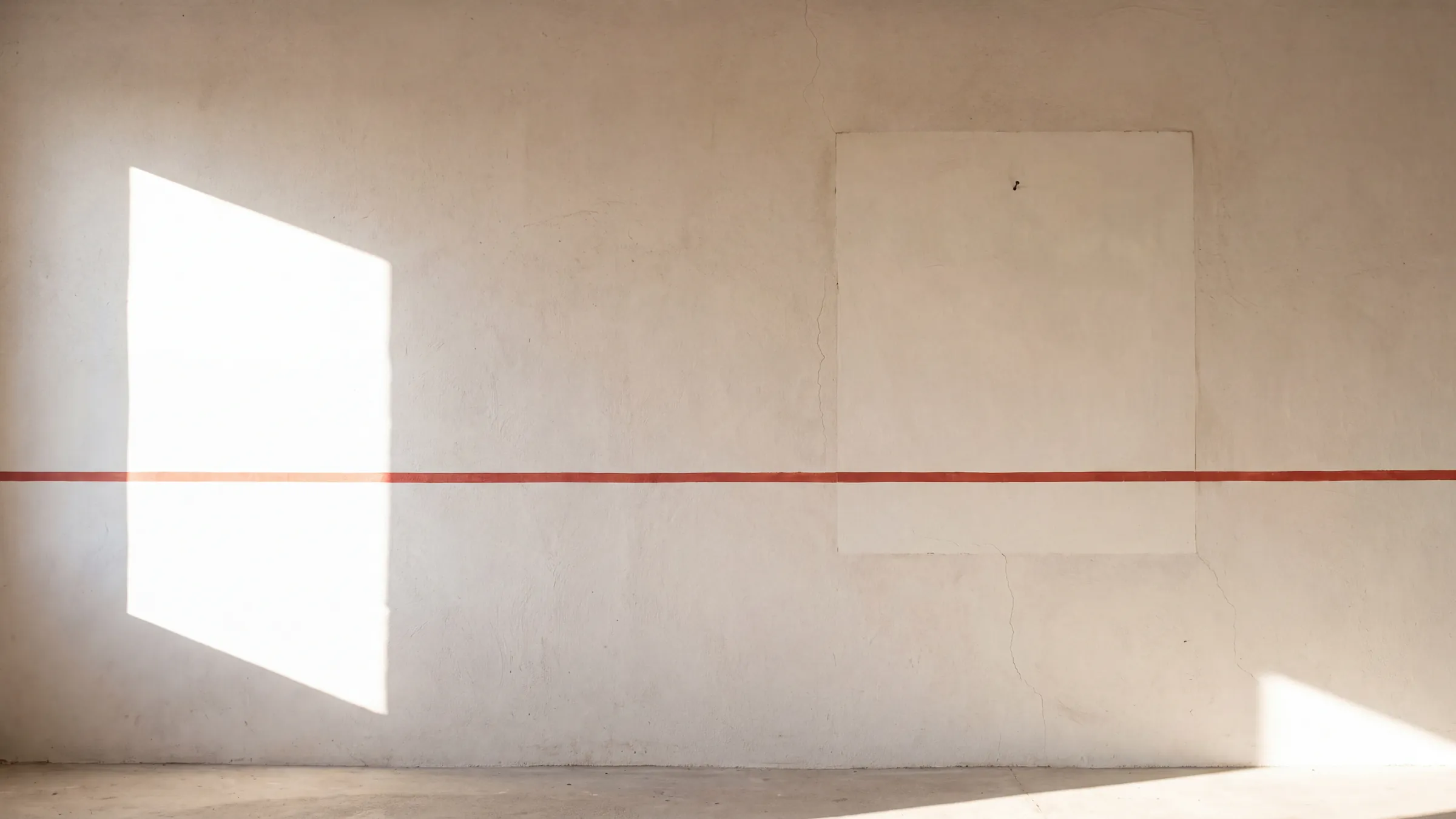 A sunlit lime-plaster wall with a single red line painted straight across it, and the clean unfaded rectangle where a framed sheet hung for years, one nail hole still in it