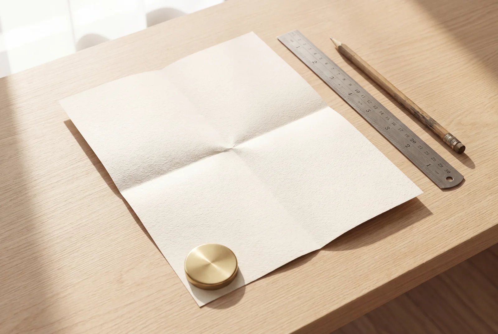 A folded sheet of uncoated cream paper held flat by a brass weight on a pale oak desk, a steel ruler and a pencil beside it