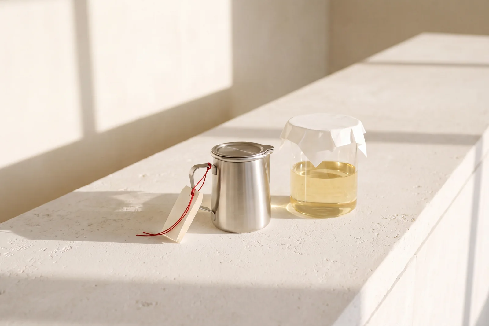 A lidded steel jug with a tag on red string, and a beaker of pale gold liquid covered with paper